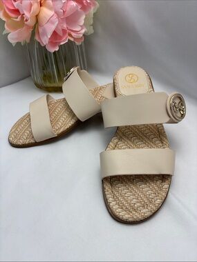 Sam & Libby Women’s 7.5 Cream Double-Strap Slide Sandals with Gold‎ Logo #357